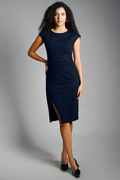 Twist Waist Navy Cotton Jersey Sheath Dress