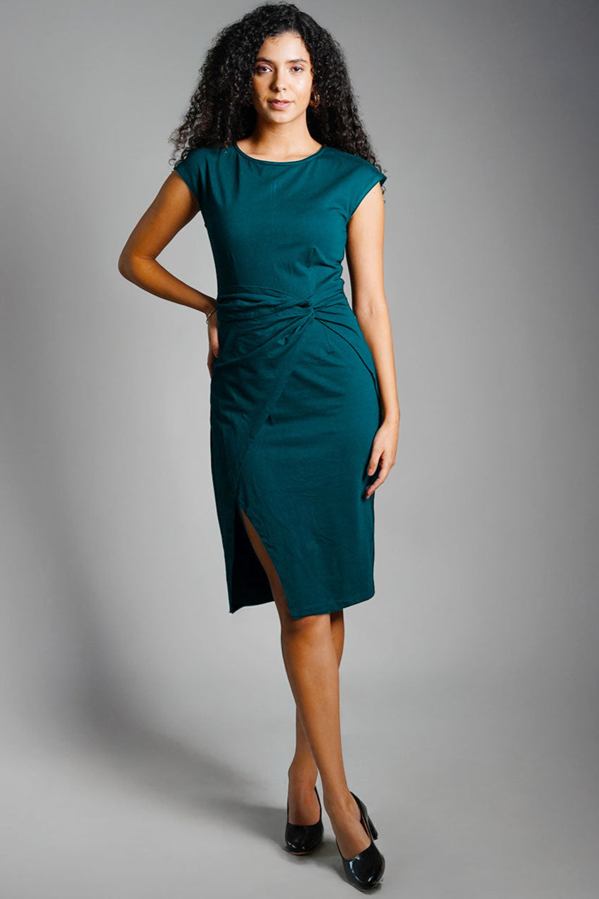 Twist Waist Teal Cotton Jersey Sheath Dress