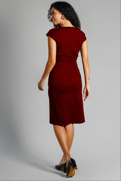 Twist Waist Maroon Cotton Jersey Sheath Dress