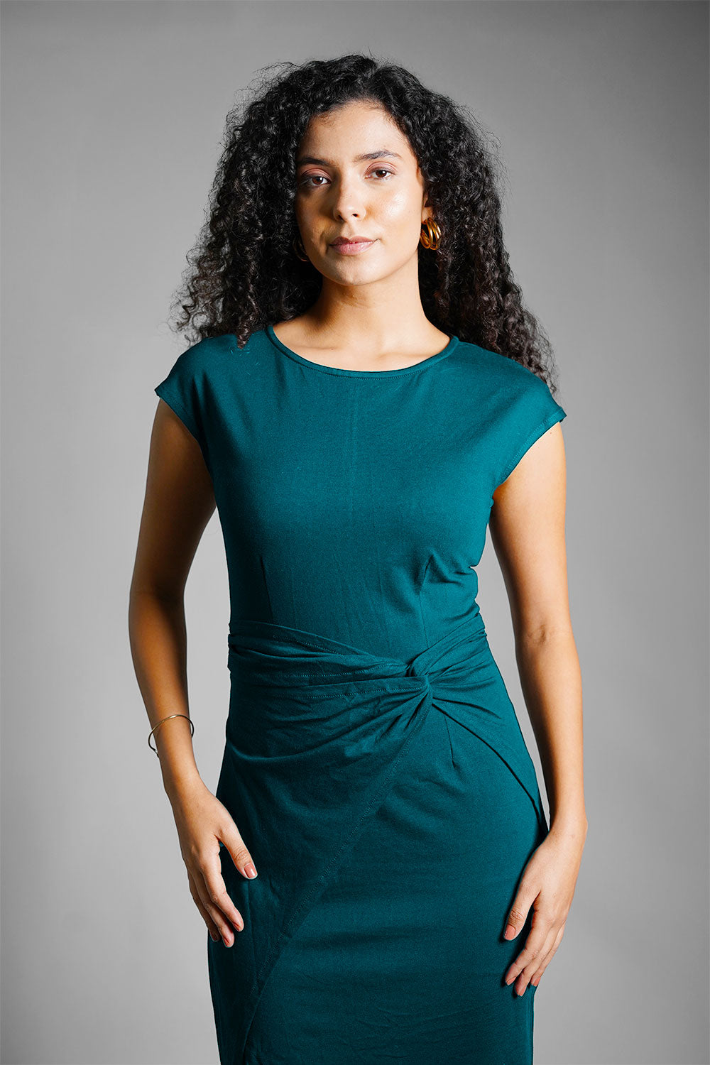 Twist Waist Teal Cotton Jersey Sheath Dress