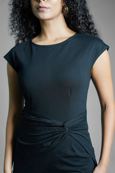Twist Waist Black Cotton Jersey Sheath Dress