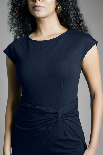 Twist Waist Navy Cotton Jersey Sheath Dress