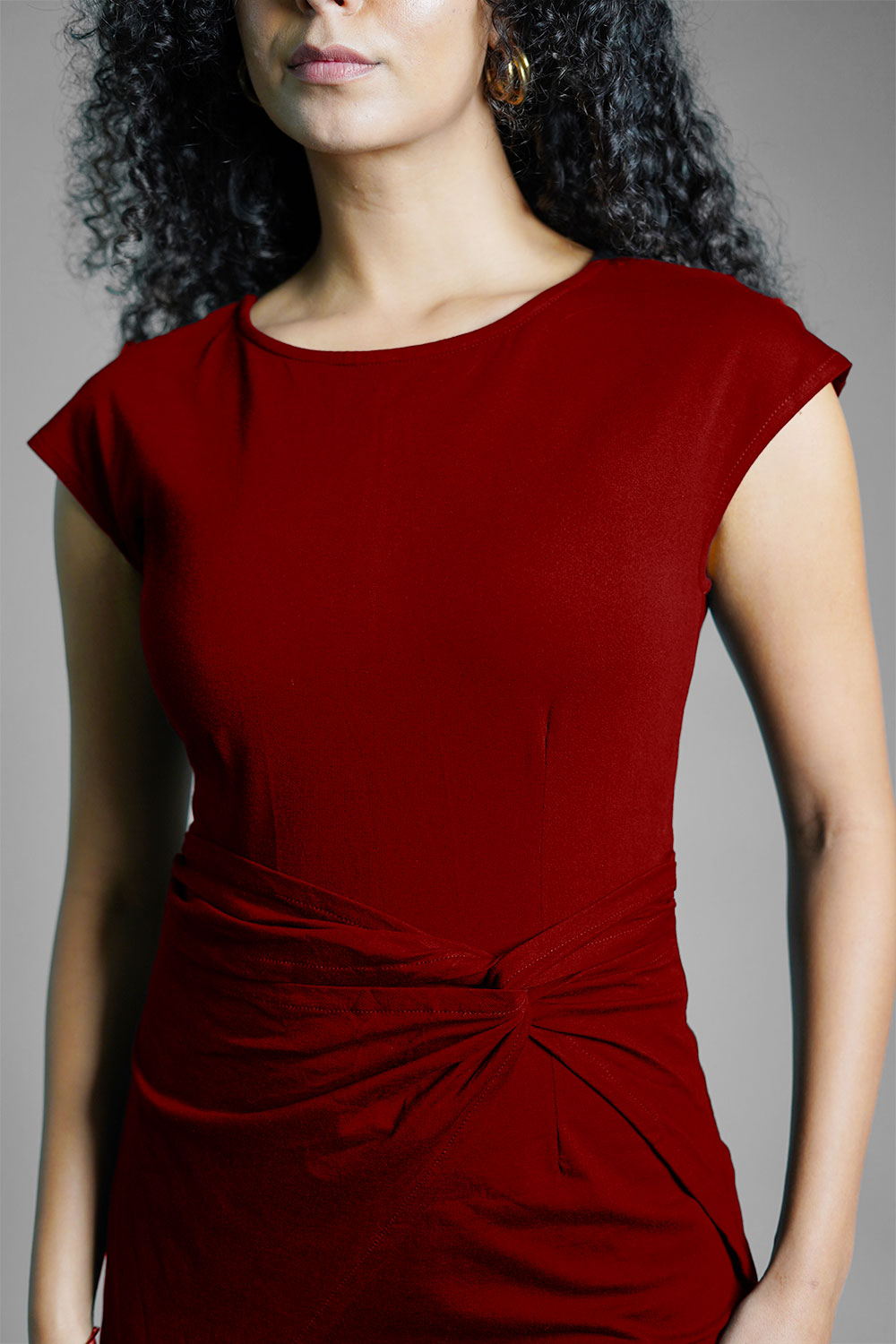 Twist Waist Maroon Cotton Jersey Sheath Dress