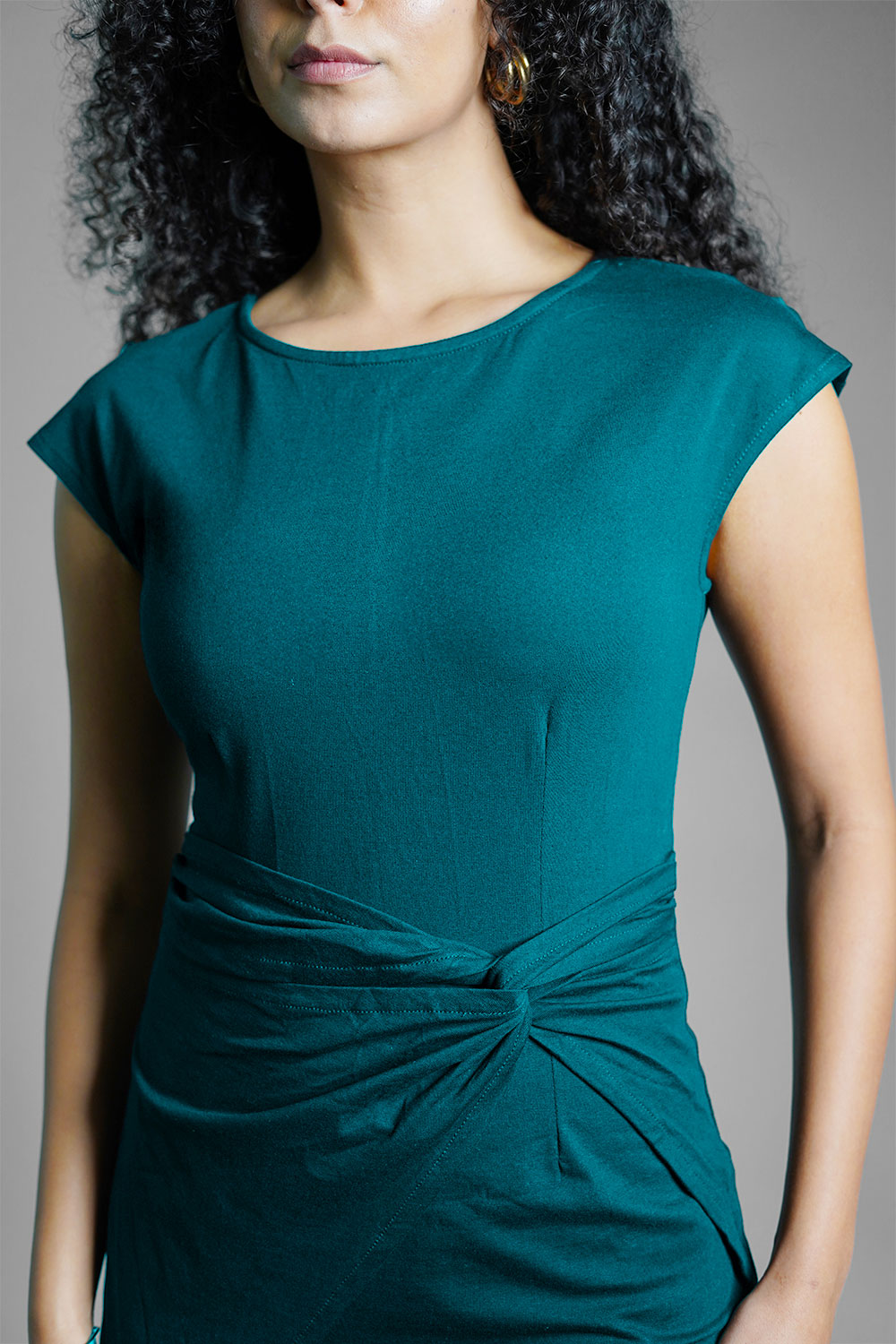 Twist Waist Teal Cotton Jersey Sheath Dress