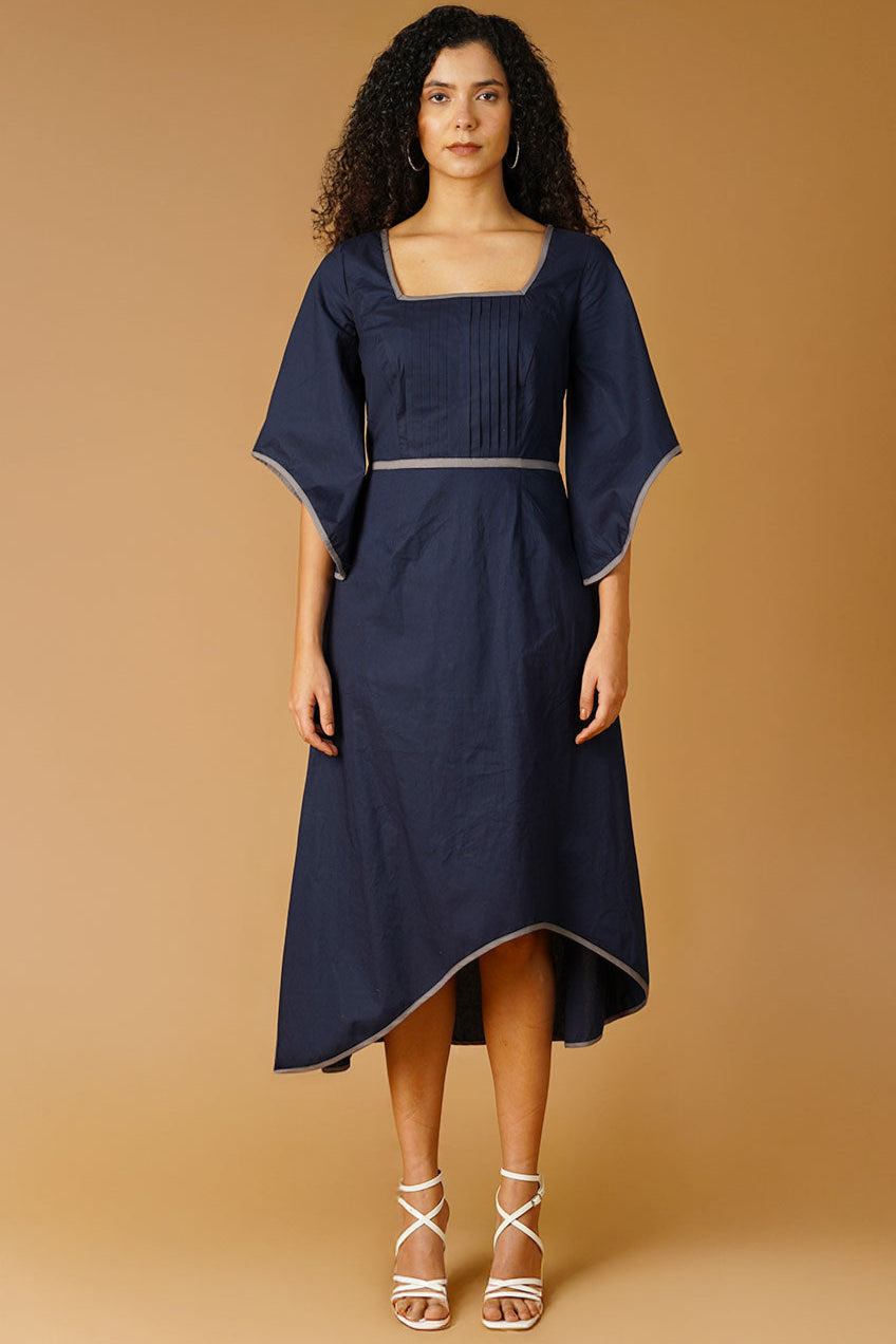 Navy Poplin Midi  Dress