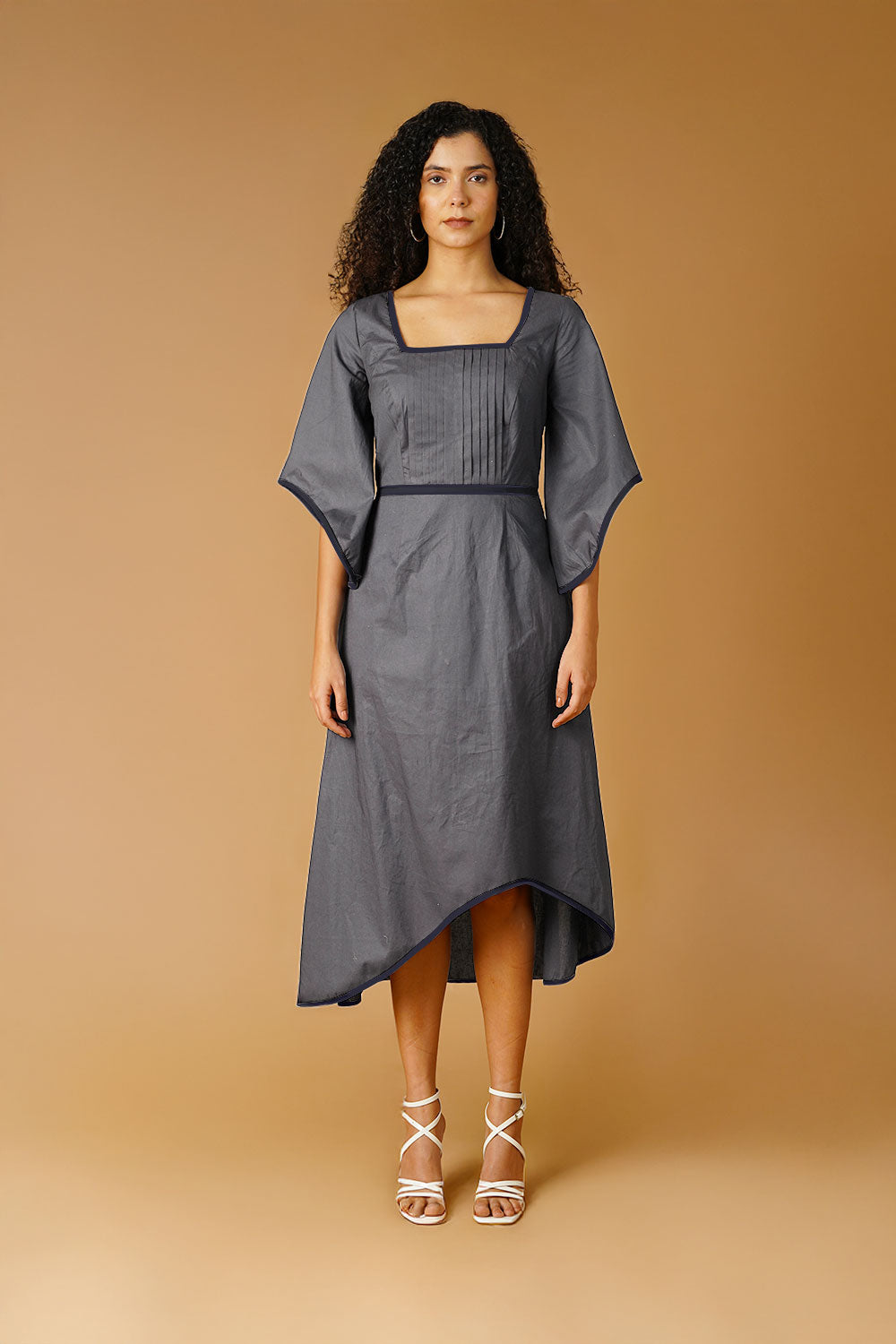 Grey Poplin Midi  Dress