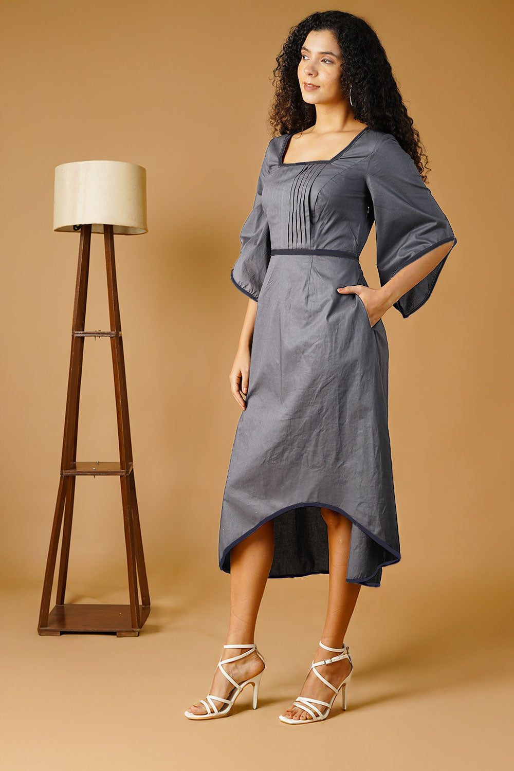 Grey Poplin Midi  Dress