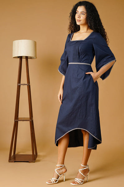 Navy Poplin Midi  Dress