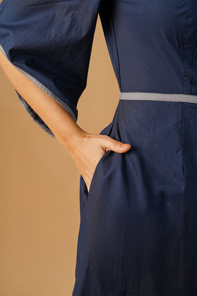 Navy Poplin Midi  Dress