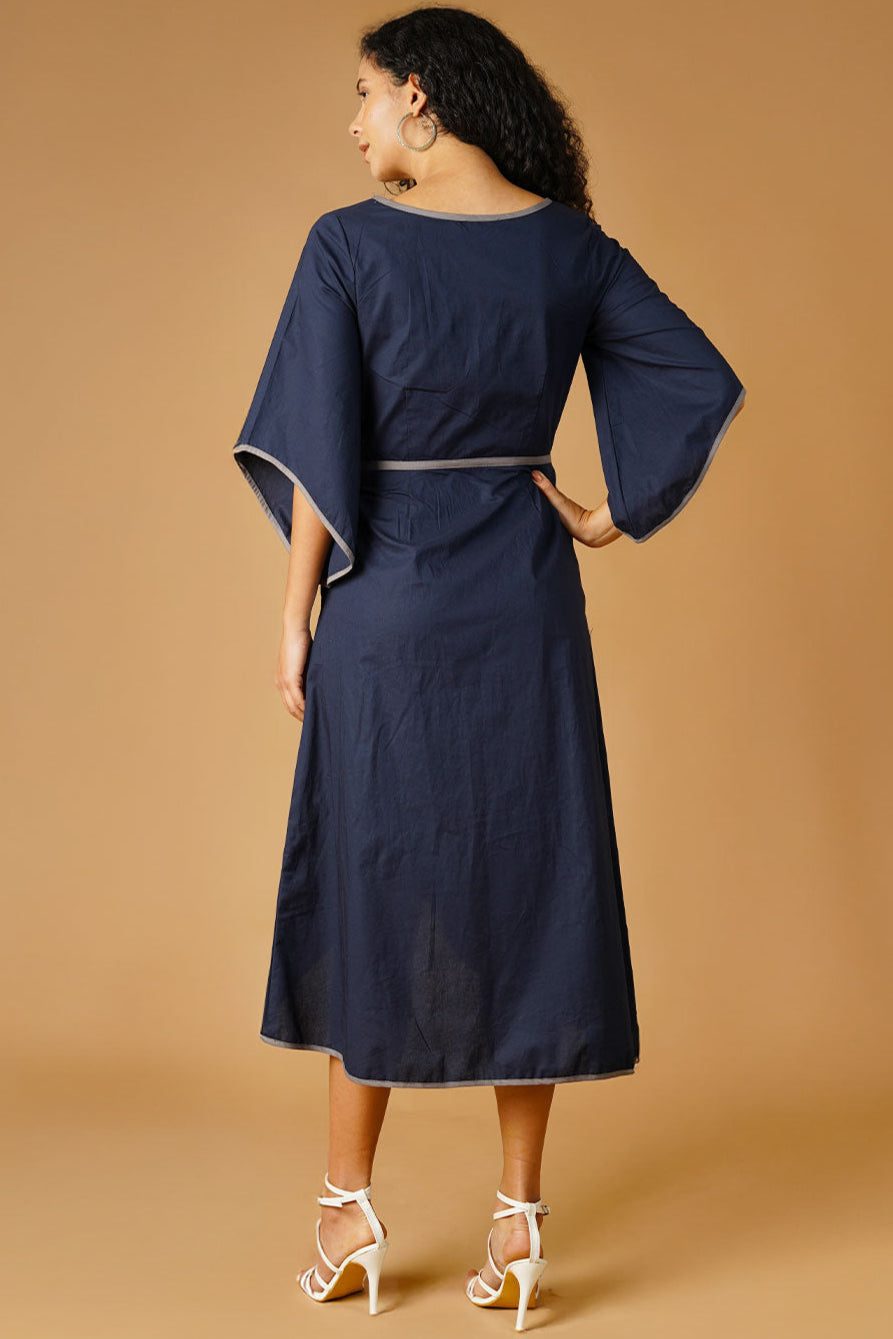 Navy Poplin Midi  Dress