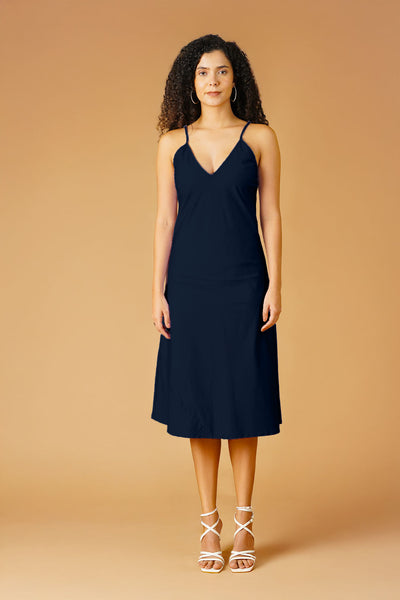 Navy Poplin Midi Dress