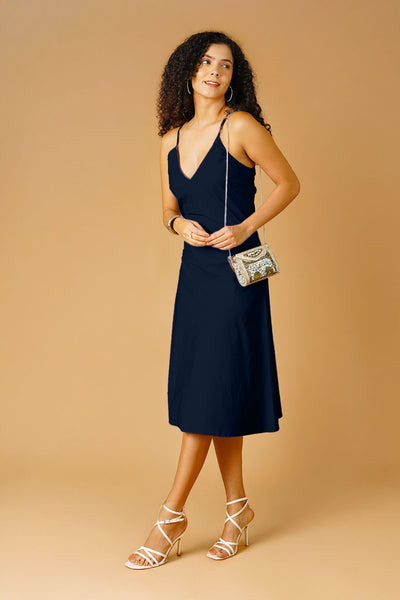 Navy Poplin Midi Dress