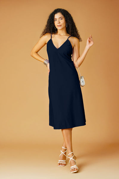 Navy Poplin Midi Dress