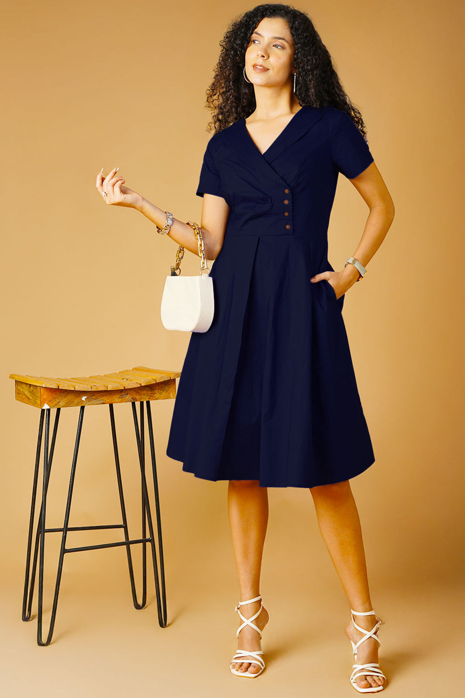 Poplin Navy Midi Dress