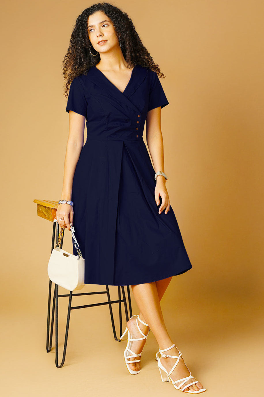 Poplin Navy Midi Dress