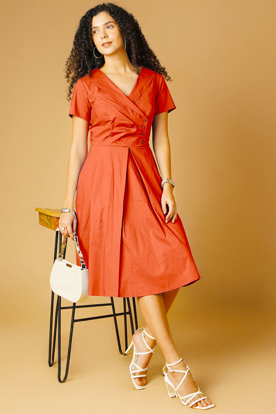 Poplin Orange Midi Dress