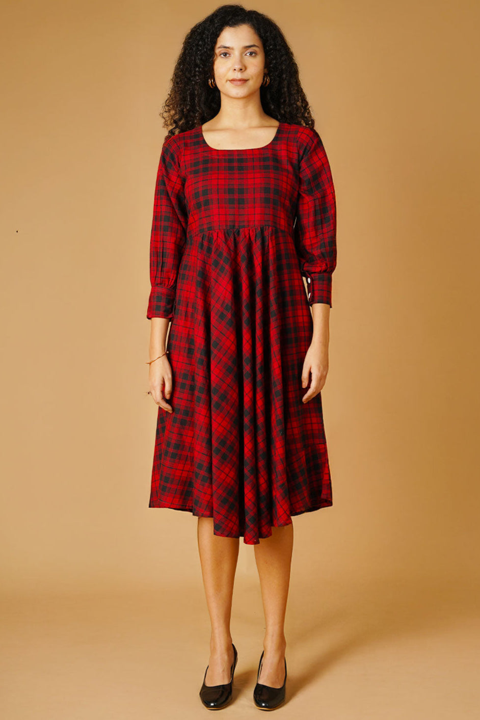 Cotton Red Midi Check Dress