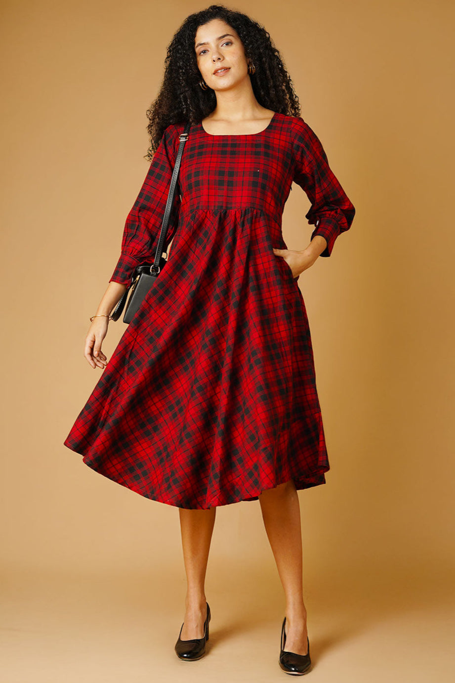 Cotton Red Midi Check Dress