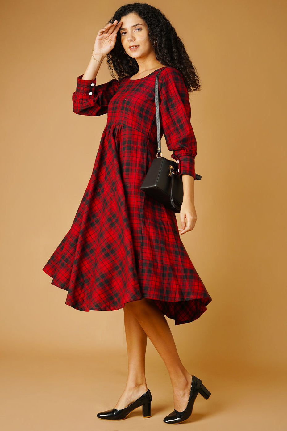 Cotton Red Midi Check Dress