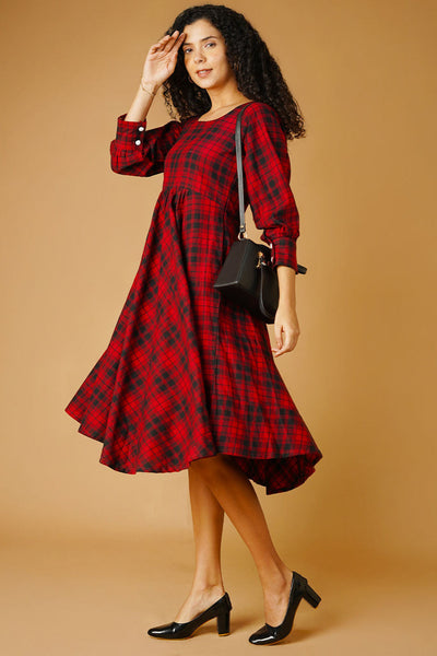Cotton Red Midi Check Dress