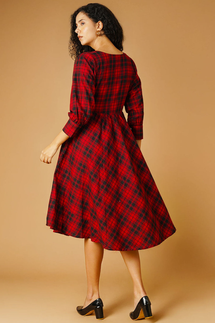Cotton Red Midi Check Dress