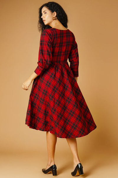 Cotton Red Midi Check Dress