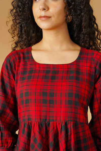 Cotton Red Midi Check Dress