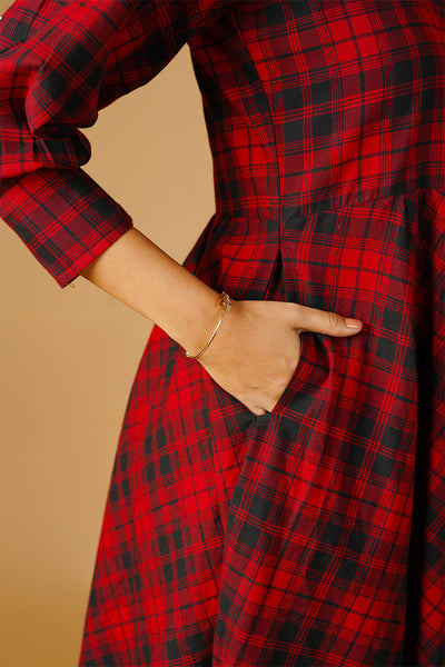 Cotton Red Midi Check Dress