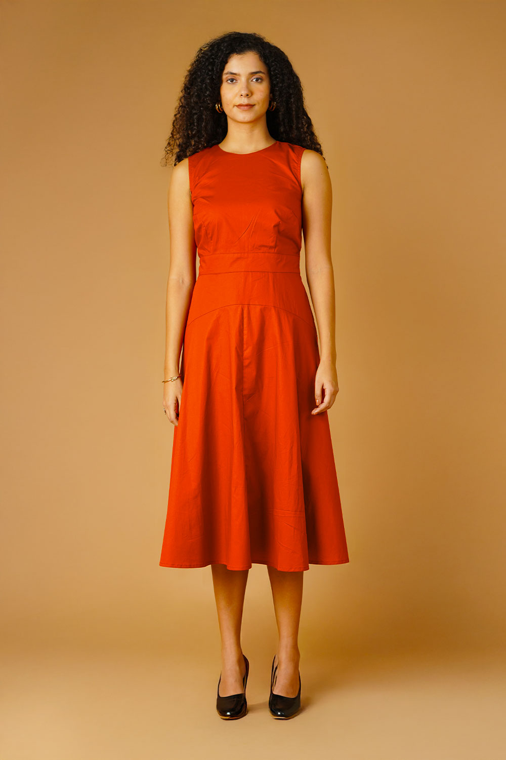 Orange Poplin Midi Dress