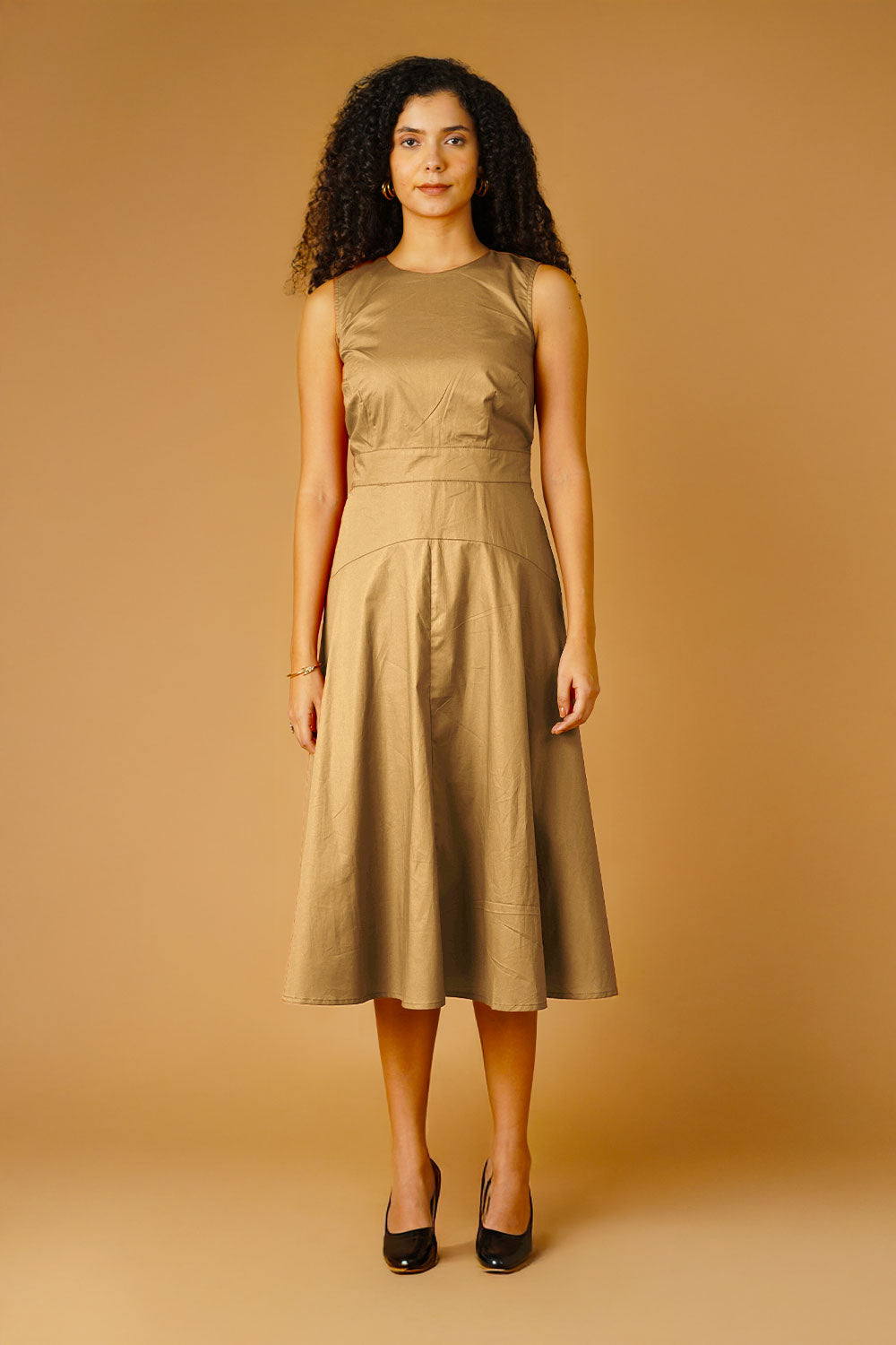 Beige Poplin Midi Dress