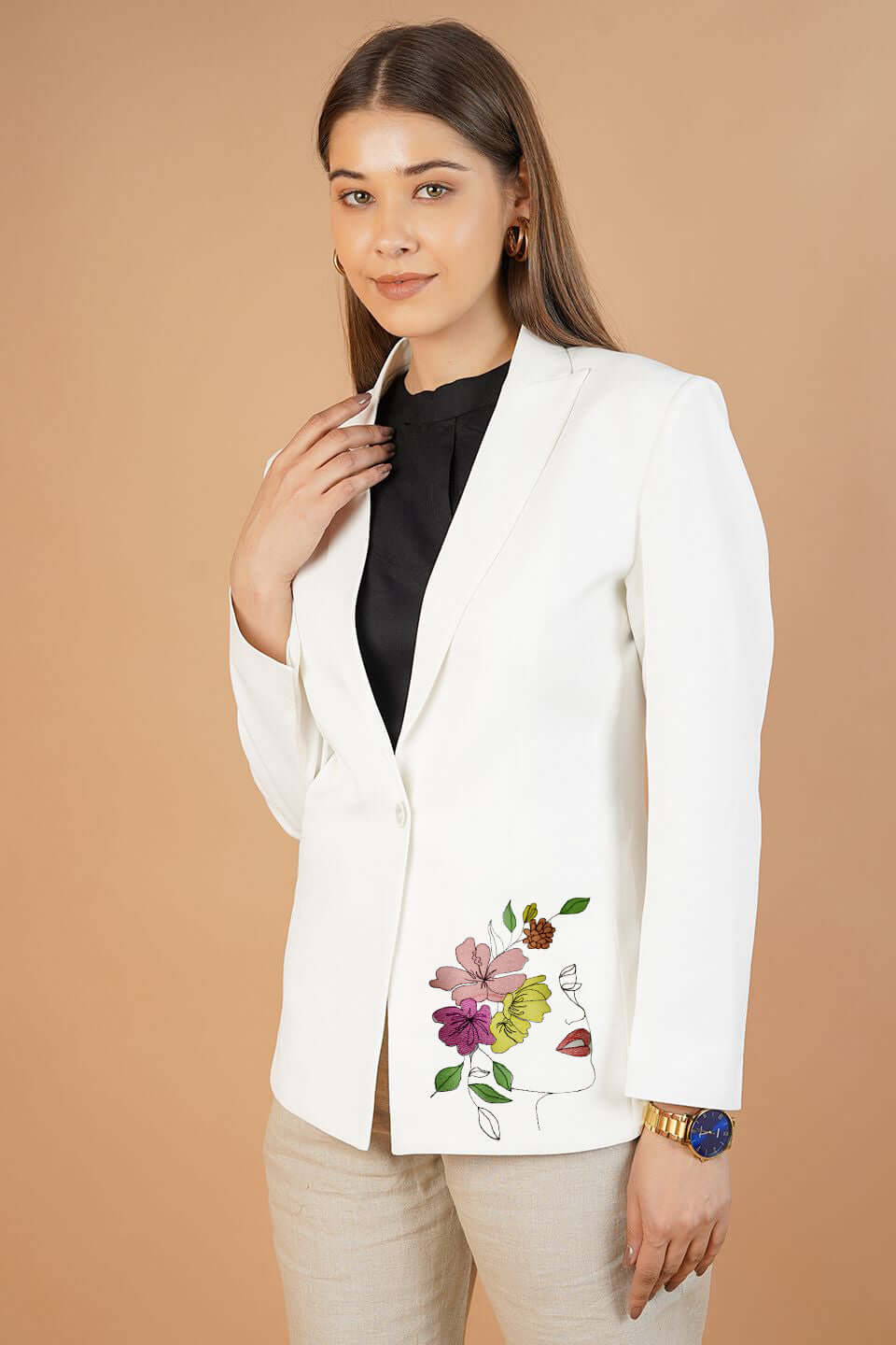 Polyester Cotton White Embroidery Blazer