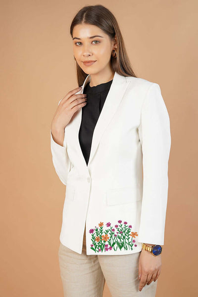 Polyester Cotton White Embroidery Blazer