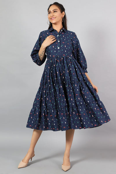 100% Cotton Midi Blue Dress
