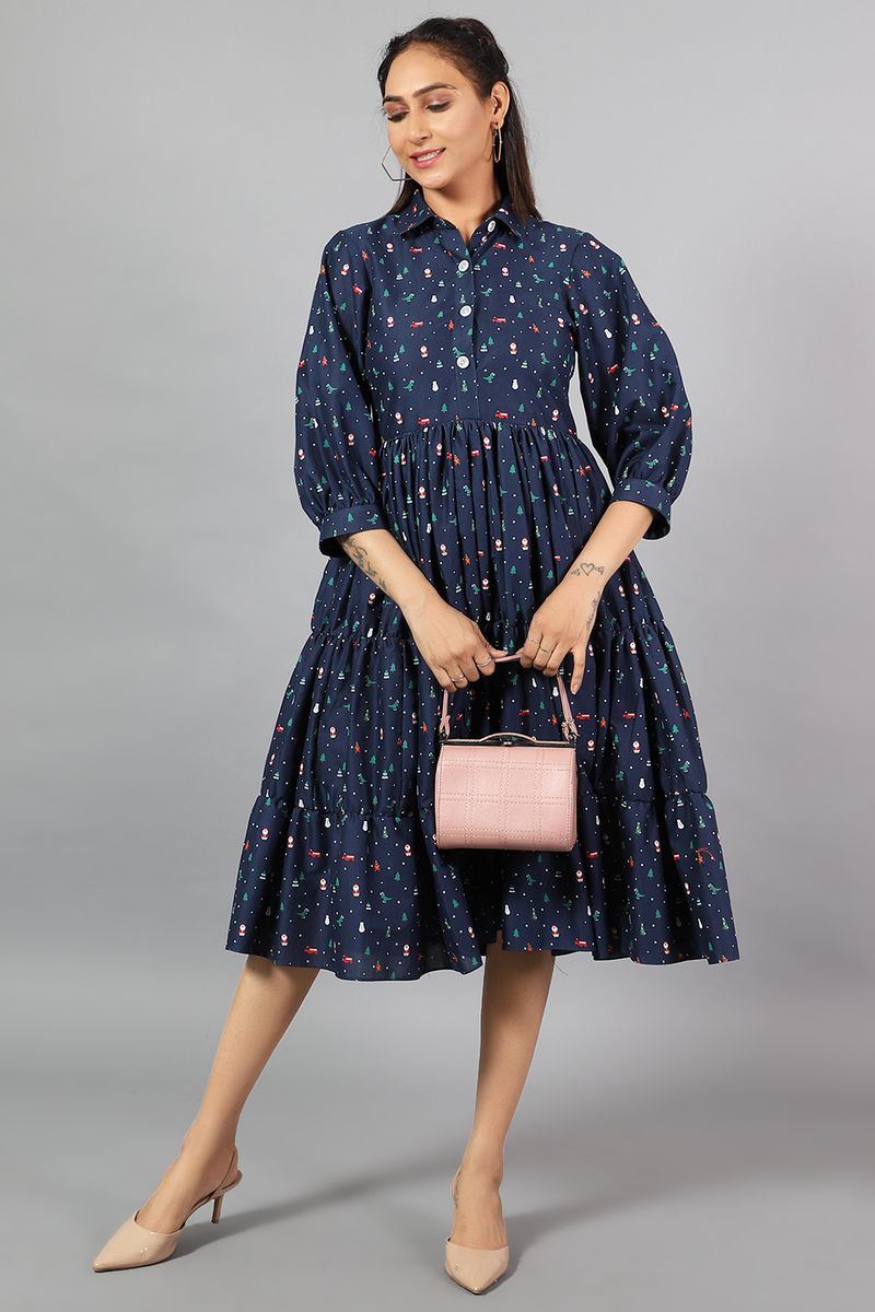100% Cotton Midi Blue Dress